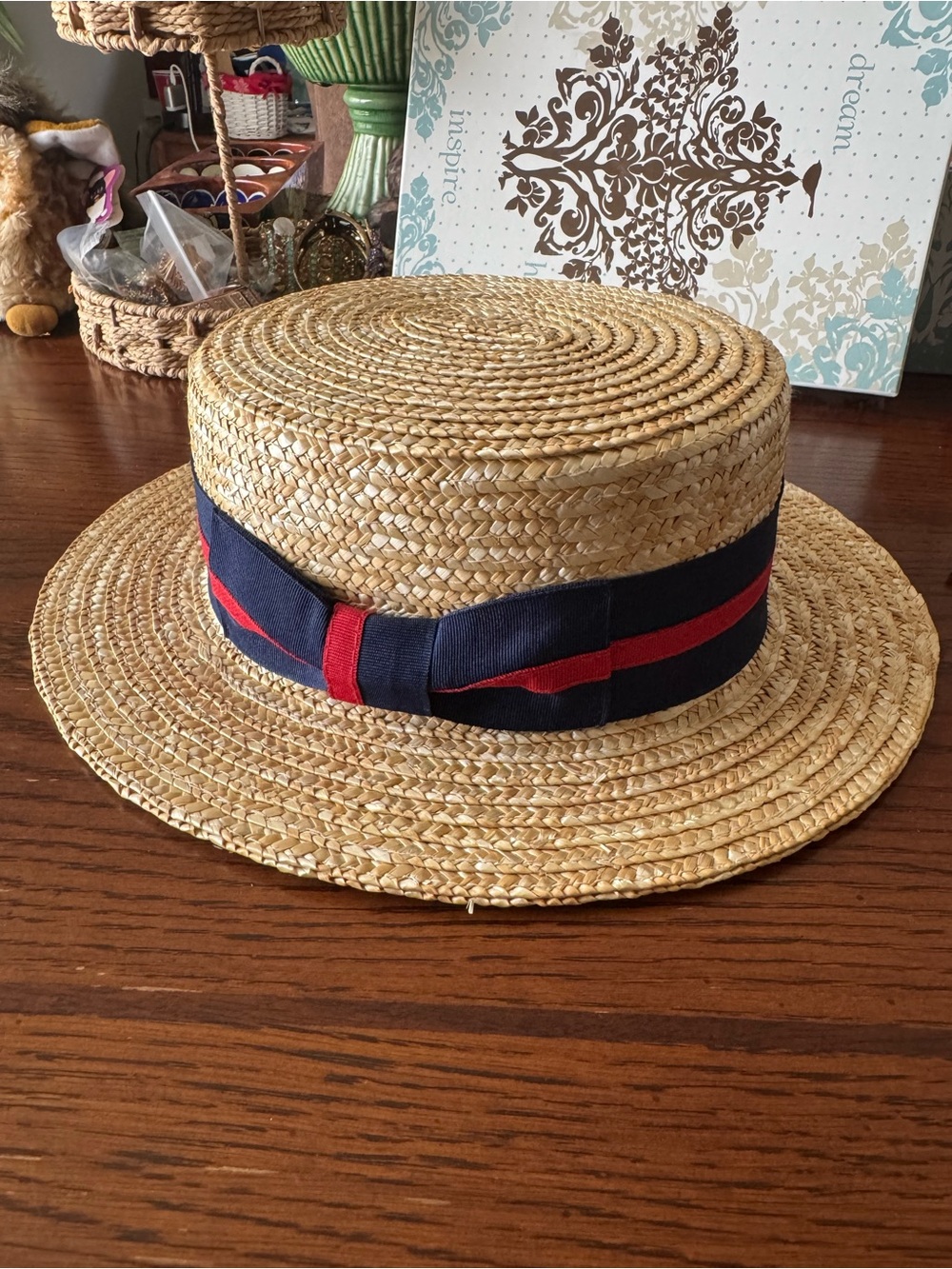 Boater Hat Country Gentlemen Straw Size Medium Blue & Red Grosgrain Ribbon Men’s